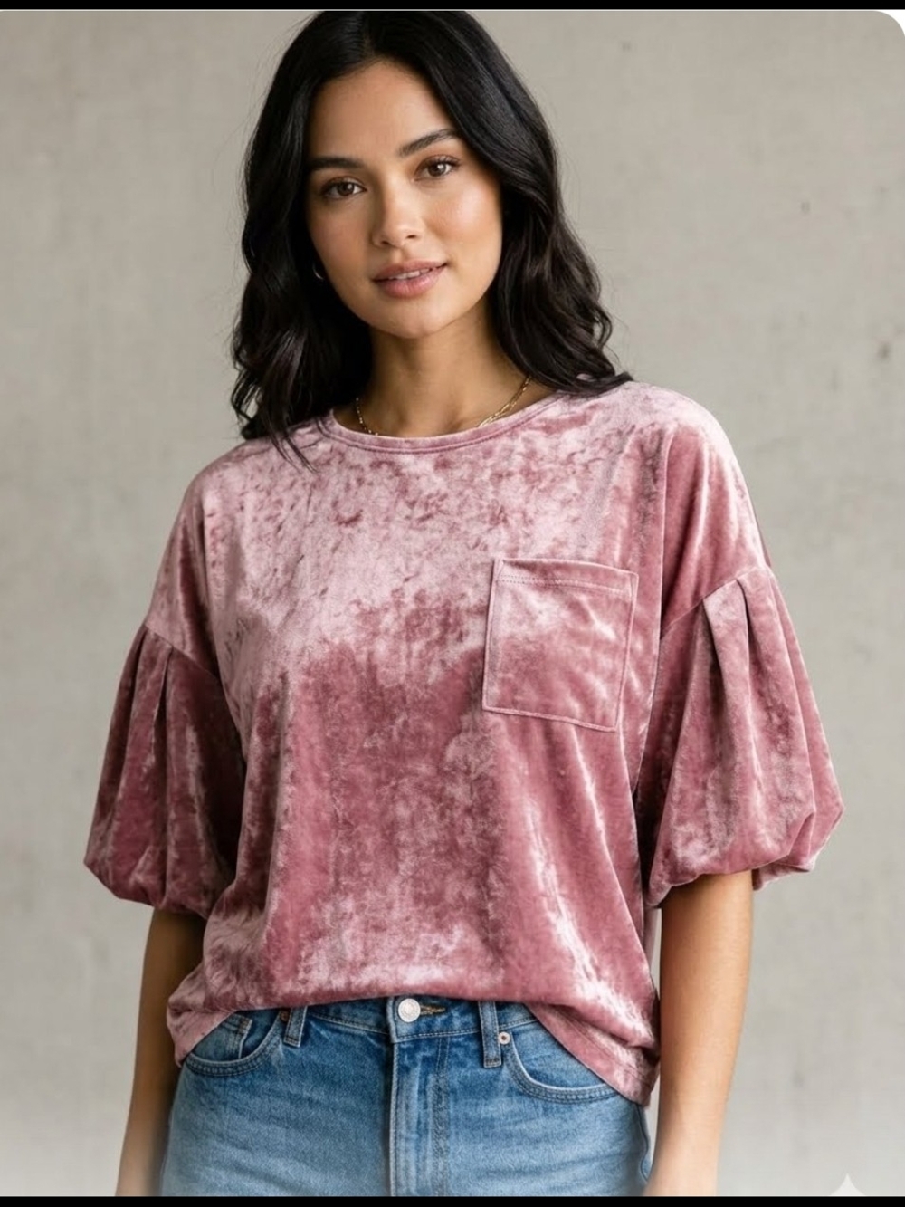 Crushed Velvet Puff-Sleeve Top in Dusty Rose